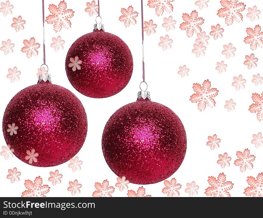 Red Christmas balls over white background