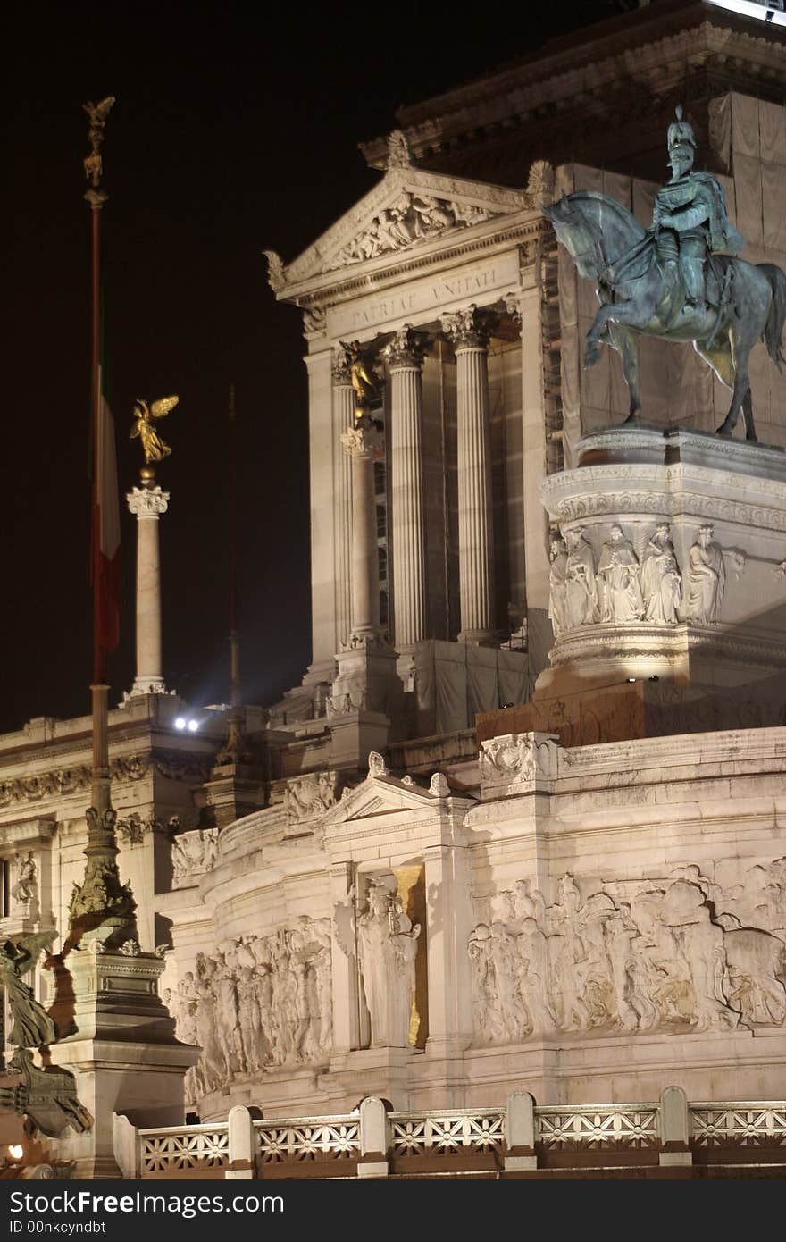 Temple at the top of Altar of the Fatherland with Bronze Statue - War Memorial - National Monument (Piazza Venezia - Venice Square - in Rome - Italy) / Night. Temple at the top of Altar of the Fatherland with Bronze Statue - War Memorial - National Monument (Piazza Venezia - Venice Square - in Rome - Italy) / Night