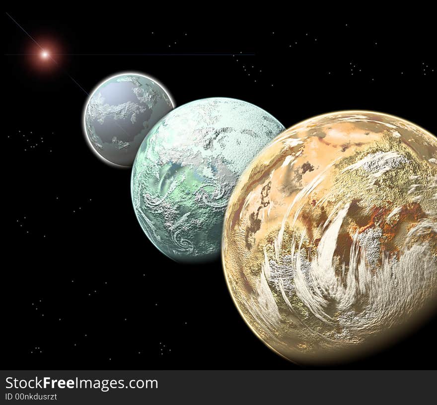 Three alineated alien planets on black. Three alineated alien planets on black