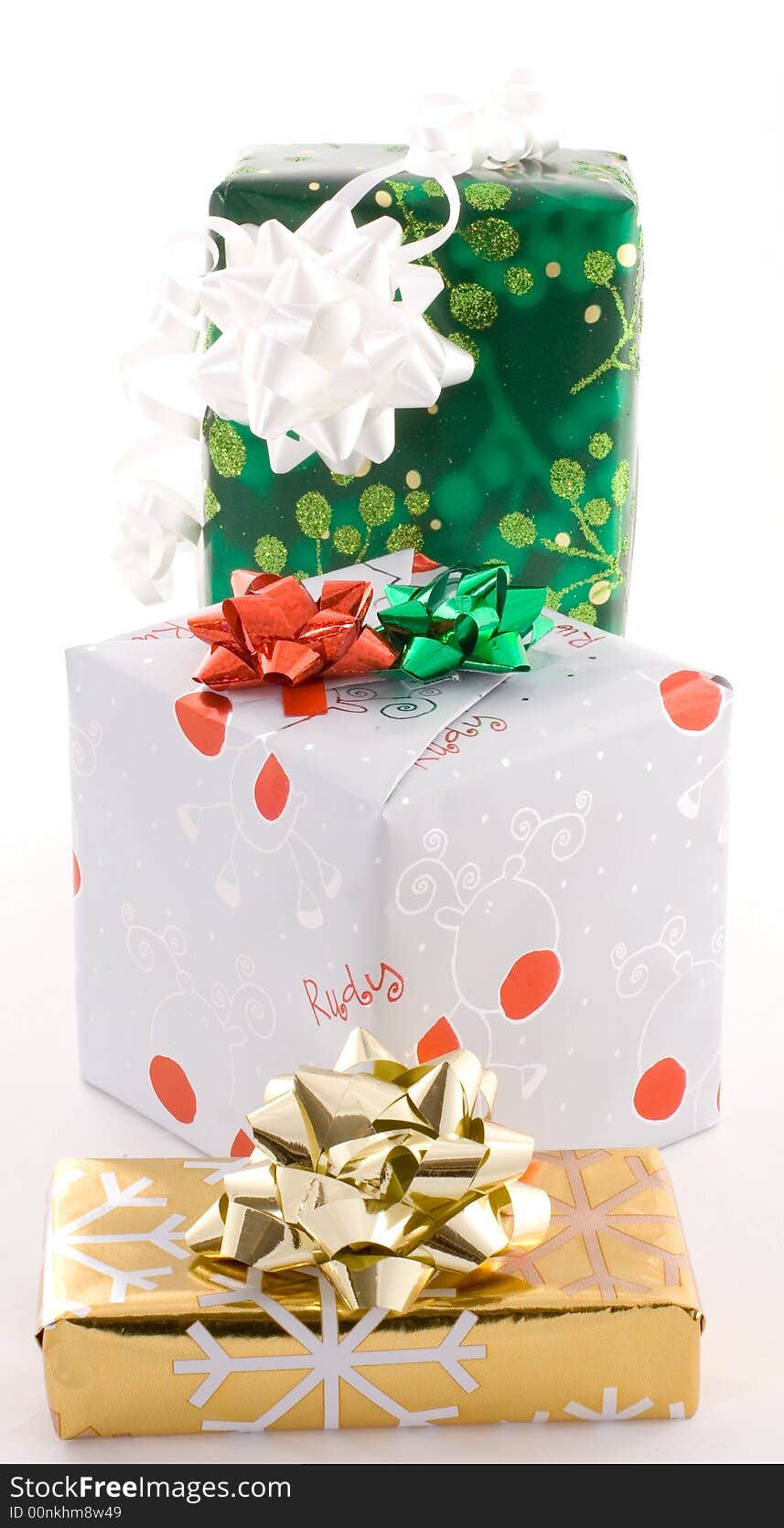 Christmas gifts, presents, wrapped with decorative stars and ribbons