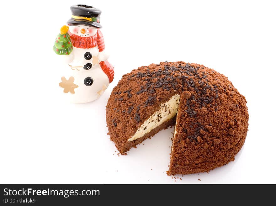 Cake On White Background With Snowman