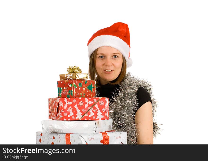 Young cheerful girl with santa hat, christmas. Young cheerful girl with santa hat, christmas