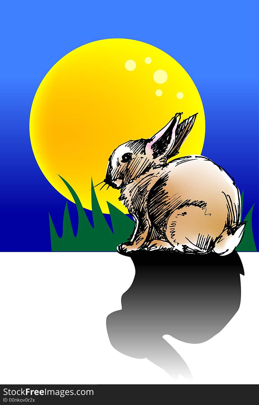 Illustration, vector for a rabbit with a full moon at night