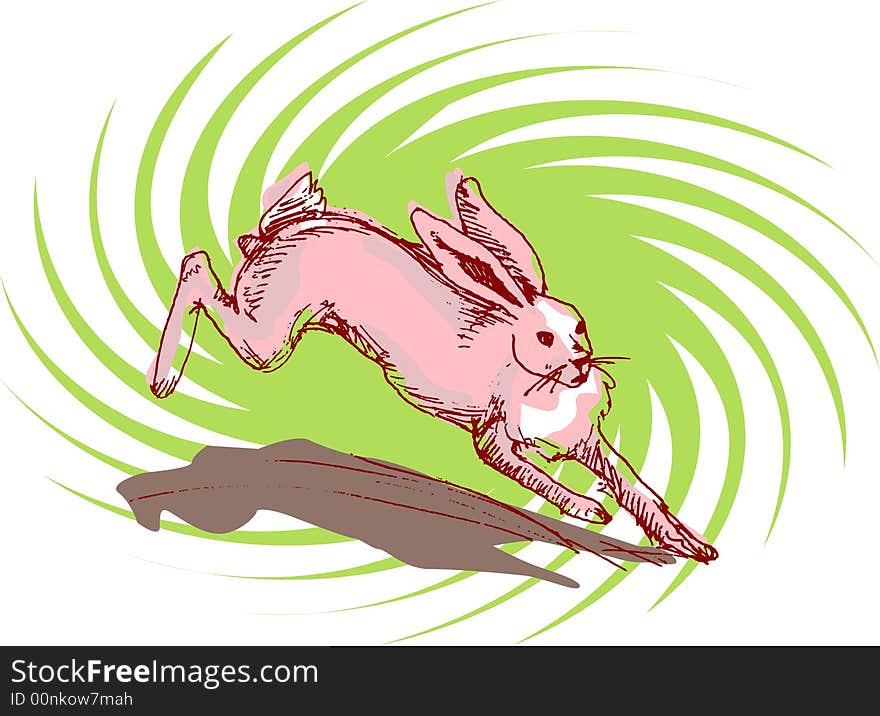 Illustration, vector for a jumping rabbit with a twirl background