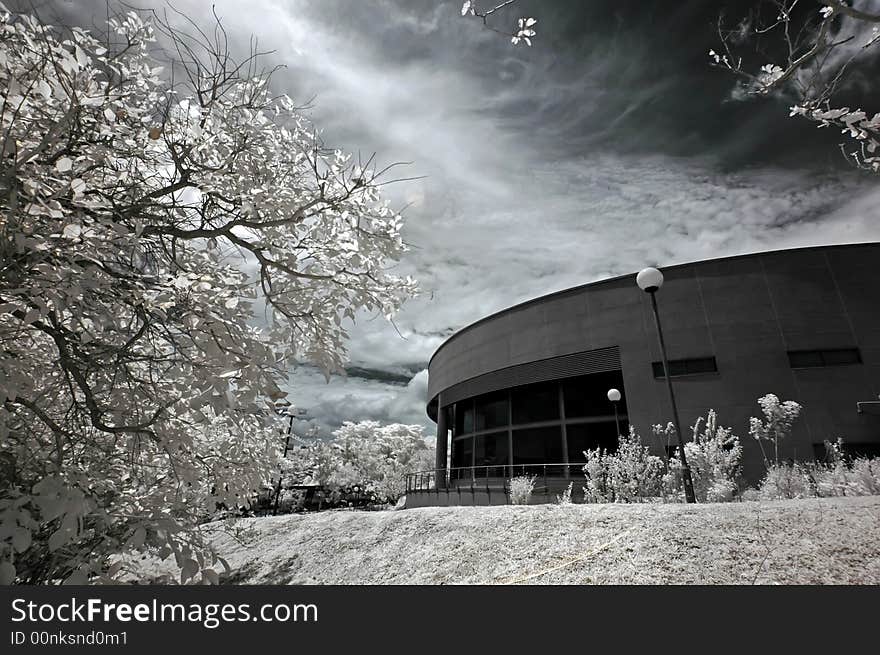 Infrared photo – tree, building and cloud in the parks