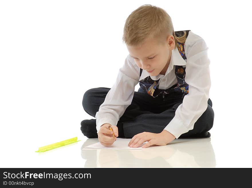 The schoolboy drawing on a white background. The schoolboy drawing on a white background