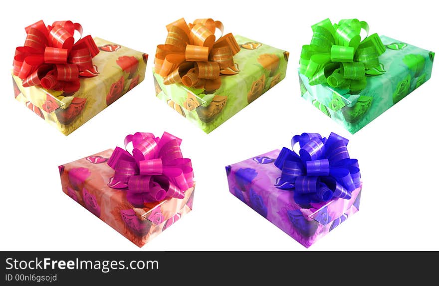 Ribbon tied box over white background