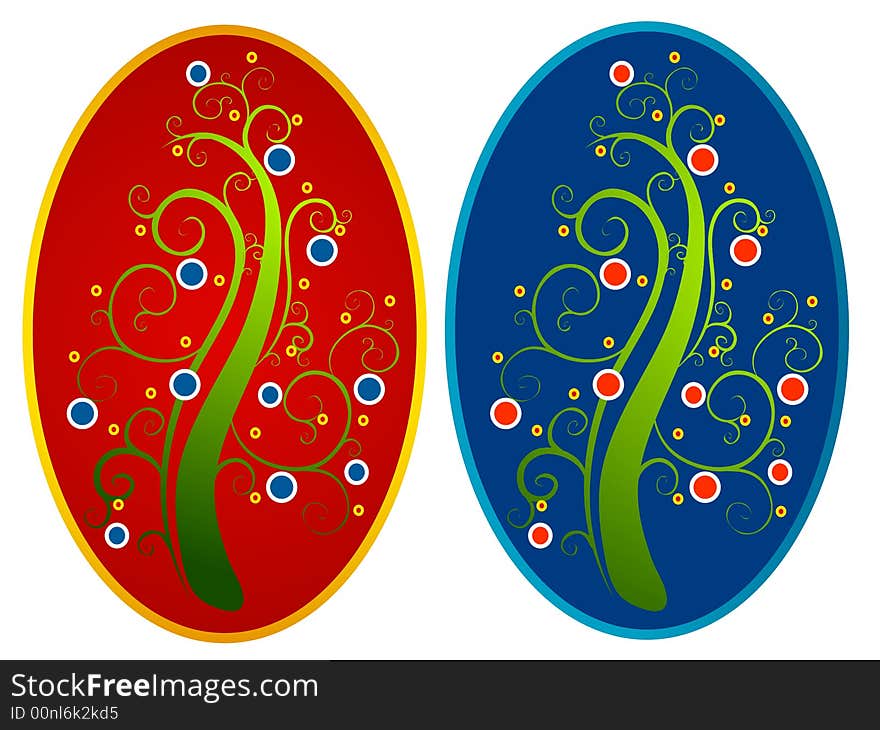 A clip art illustration featuring your choice of 2 abstract Christmas tree cards within oval shapes in red, blue and green colors. A clip art illustration featuring your choice of 2 abstract Christmas tree cards within oval shapes in red, blue and green colors