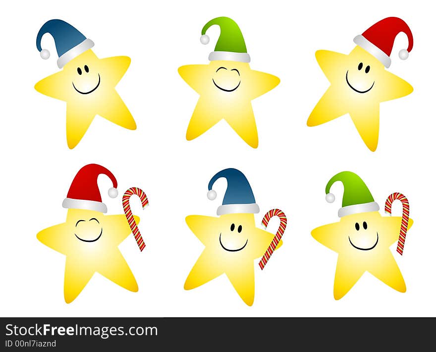 A clip art illustration of your choice of 6 gold colored Christmas stars smiling and dressed in Santa hats with bottom 3 holding candy canes. A clip art illustration of your choice of 6 gold colored Christmas stars smiling and dressed in Santa hats with bottom 3 holding candy canes