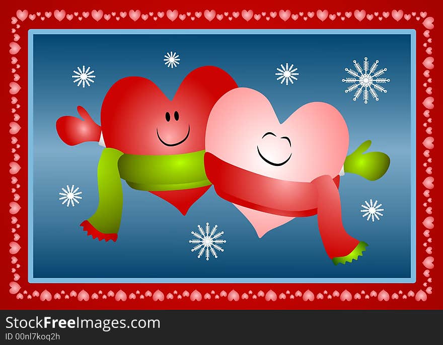 A clip art illustration featuring a pair of hearts smiling and snuggled up to each other wearing scarves and mittens surrounded by snowflakes and topped off with red hearts border. A clip art illustration featuring a pair of hearts smiling and snuggled up to each other wearing scarves and mittens surrounded by snowflakes and topped off with red hearts border