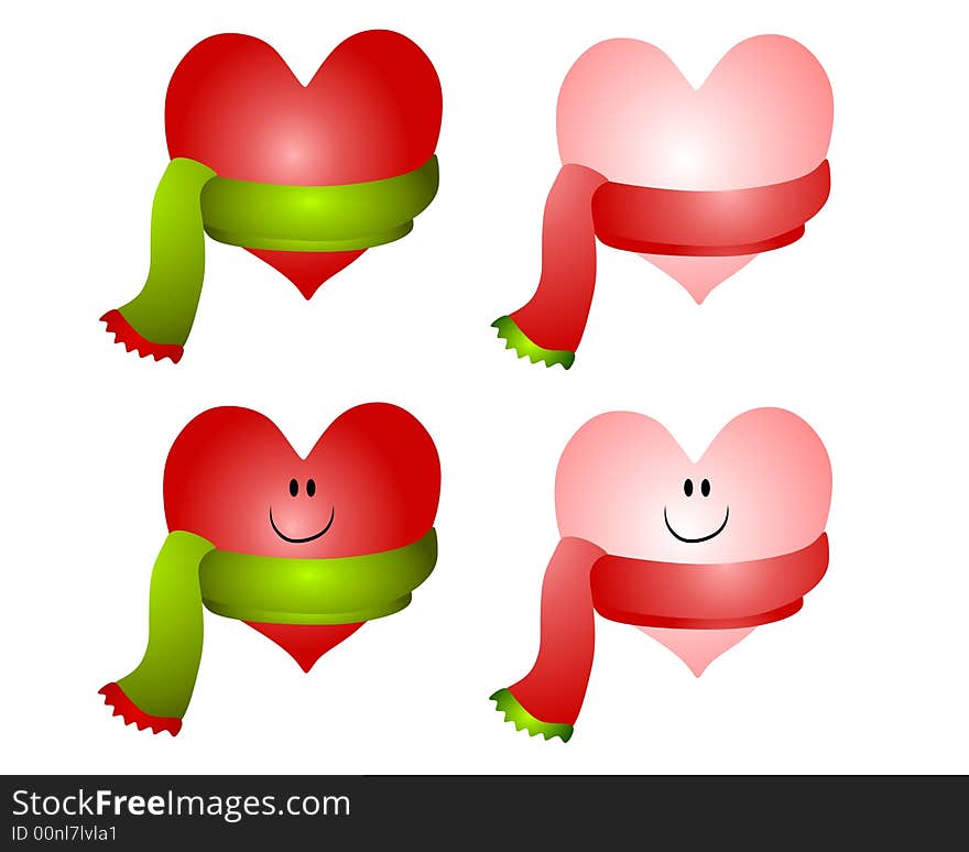 A clip art illustration featuring your choice of 4 pink and red Christmas themed hearts wearing scarves. Top row is blank for words, etc. while the bottom has smiling faces - all isolated on white. A clip art illustration featuring your choice of 4 pink and red Christmas themed hearts wearing scarves. Top row is blank for words, etc. while the bottom has smiling faces - all isolated on white