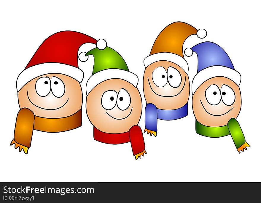 A clip art illustration of a simplistic group of cartoonish goofy looking kids wearing hats and scarves isolated on white. A clip art illustration of a simplistic group of cartoonish goofy looking kids wearing hats and scarves isolated on white.