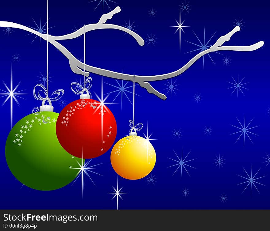 A background illustration featuring a bunch of shiny colourful Christmas ornaments hanging from branch with stars. A background illustration featuring a bunch of shiny colourful Christmas ornaments hanging from branch with stars