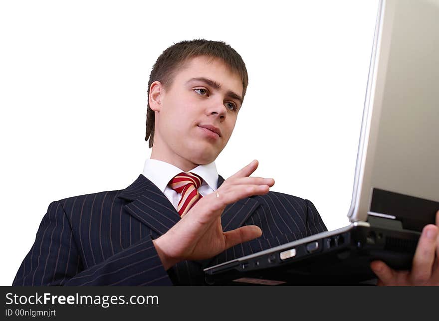 Cheerful businessman with laptop computer