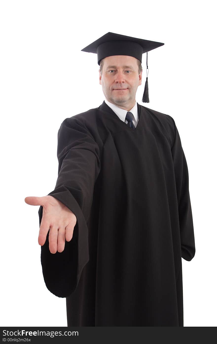 Education background: serious man in a academic gown.