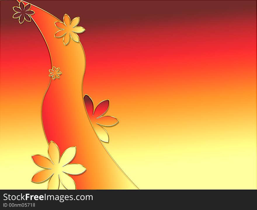 Background of red-yellow color. Flowers and a wavy line. Background of red-yellow color. Flowers and a wavy line.