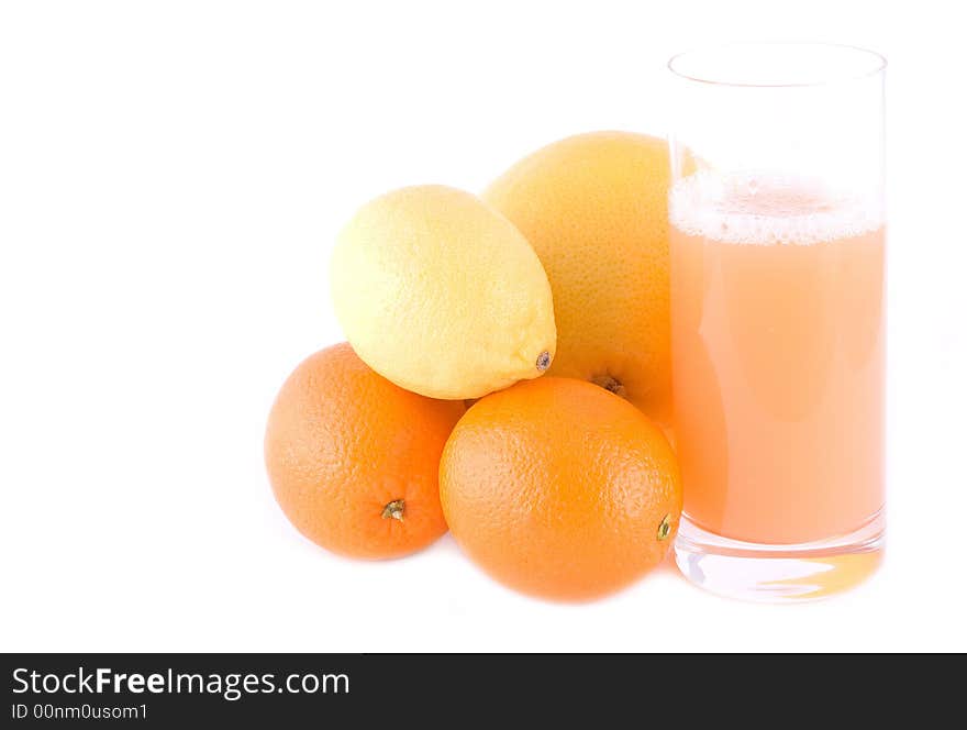 Lemon, orange, grapefriut and juice isolated on white. Lemon, orange, grapefriut and juice isolated on white