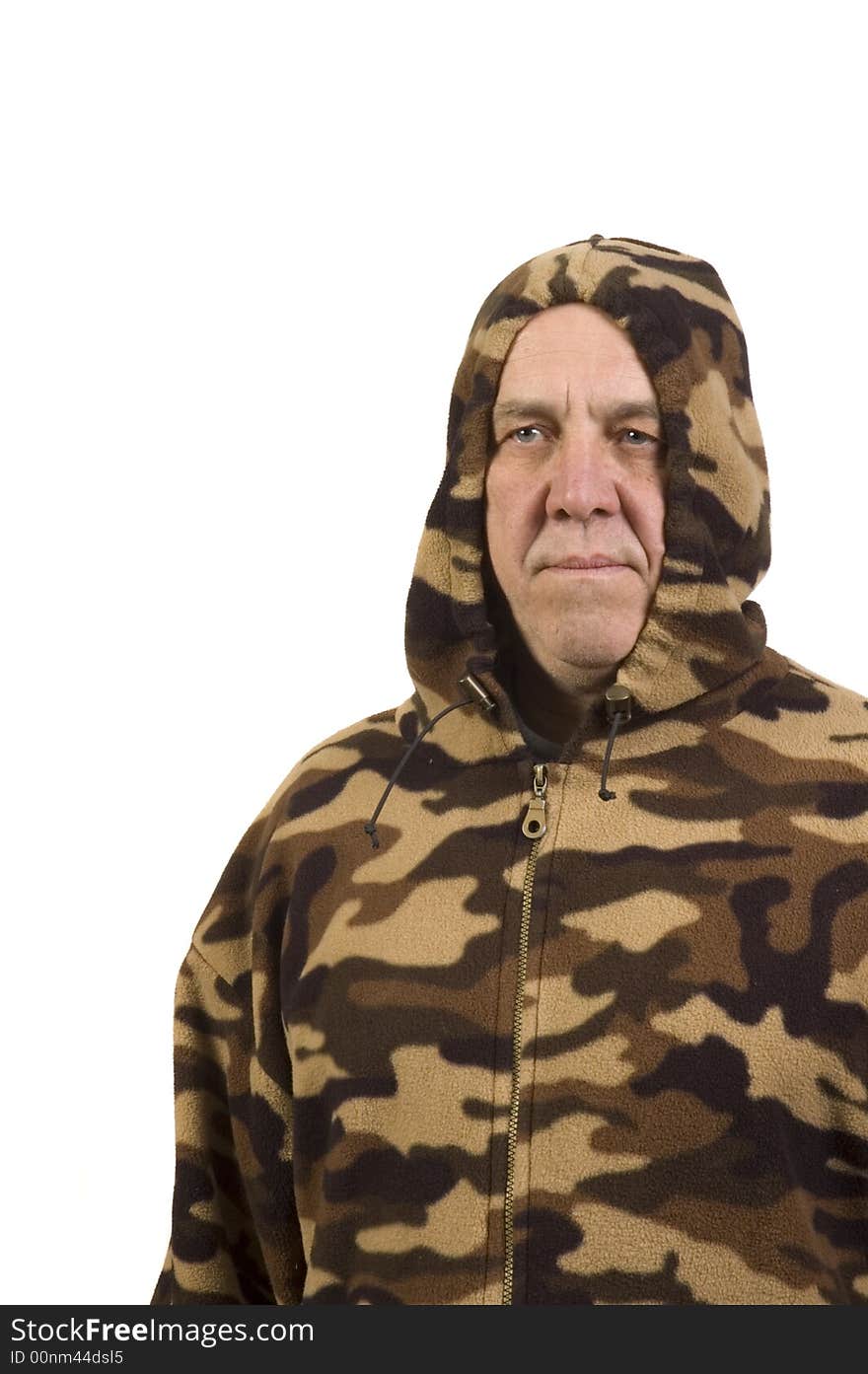 Hunter in camouflage jacket isolated over white