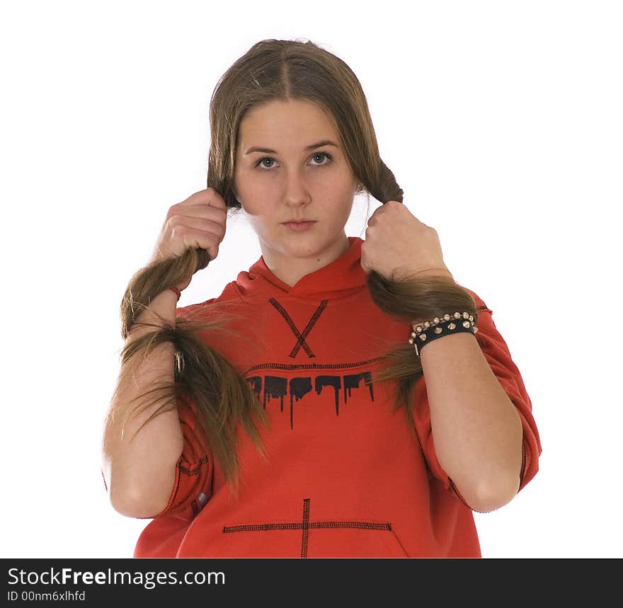 Teenage girl, white background, shining clothes, long hair keep their hands. Teenage girl, white background, shining clothes, long hair keep their hands