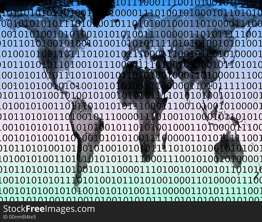 Map showing binary code on international scale. Map showing binary code on international scale