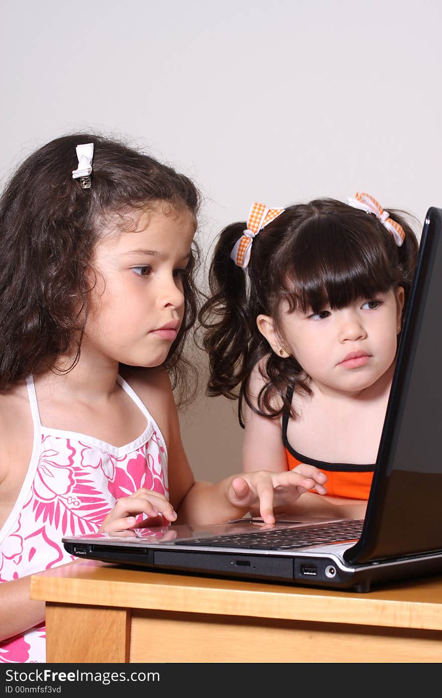 Two little girl work in the computer. Two little girl work in the computer