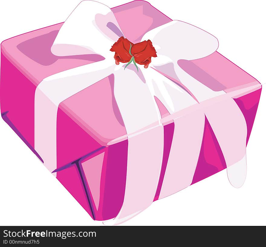 Gift box decorated with ribbon and rose.