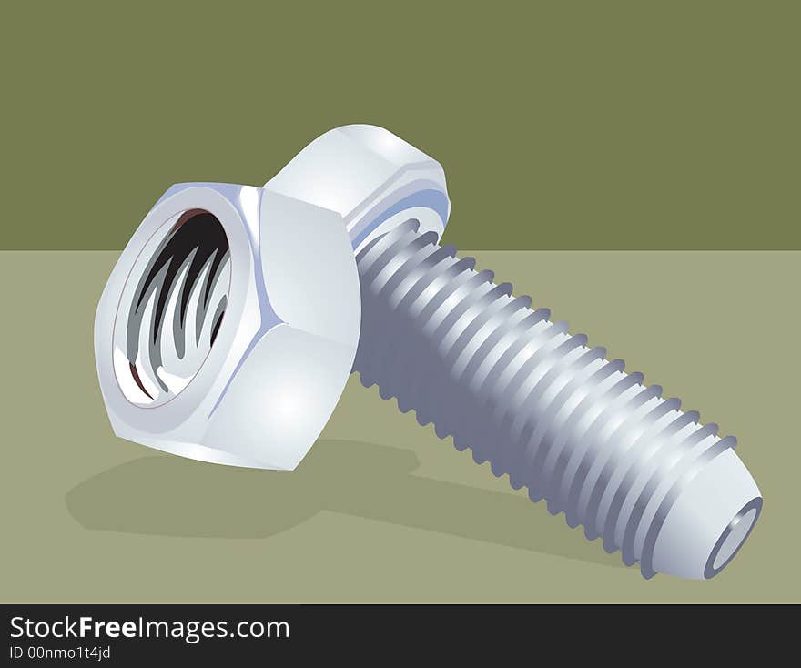 Nut and bolt on green background,