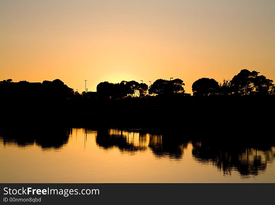 Silhouette of trees near harbor at sunset. Silhouette of trees near harbor at sunset