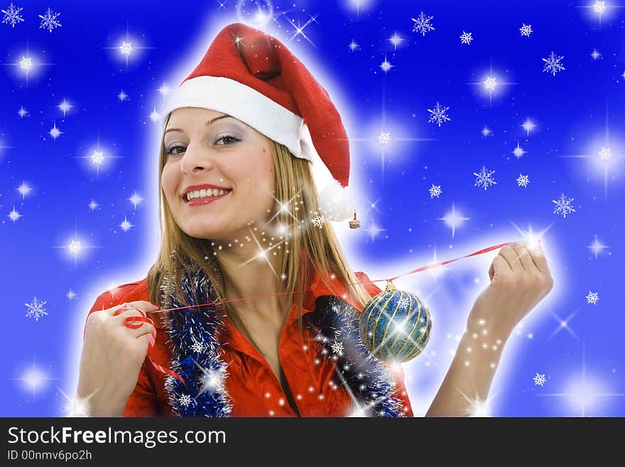 Beautiful woman with christmas decoration on  background