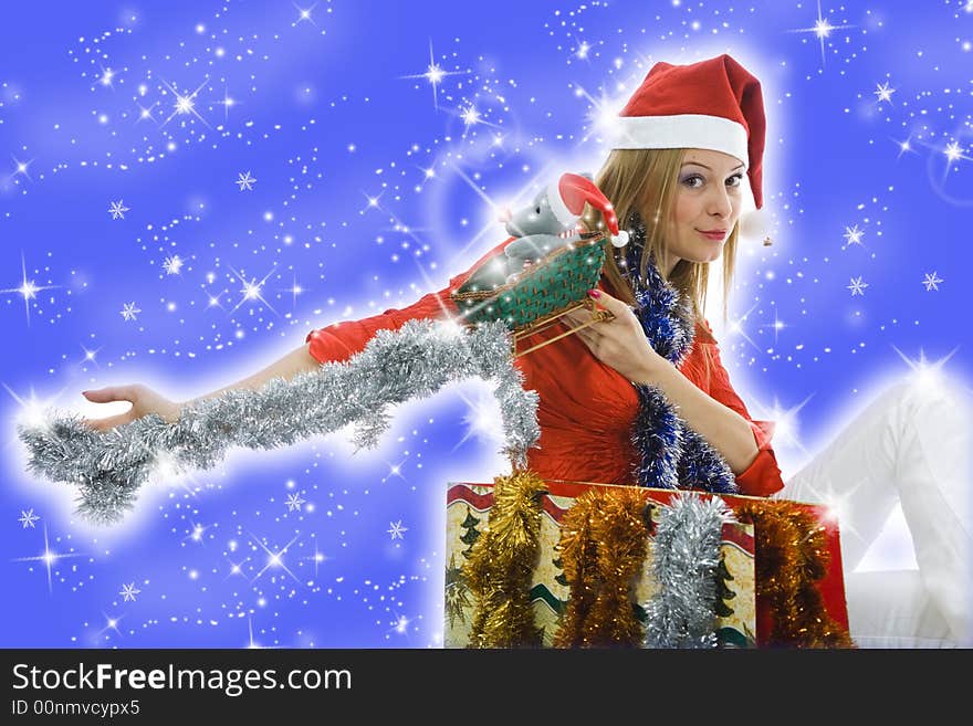 Beautiful woman with christmas decoration on background