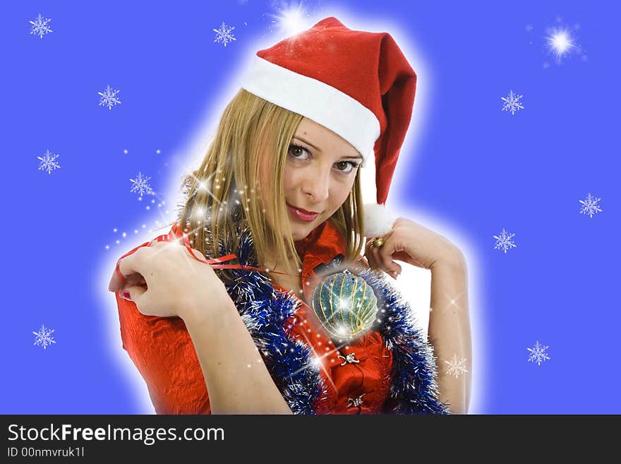 Beautiful woman with christmas decoration on  background