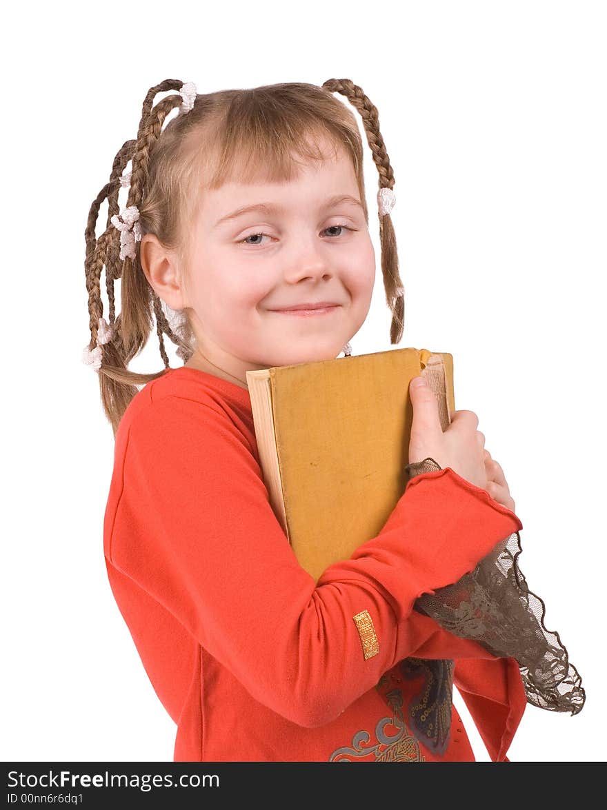 The girl with old books on a white background. The girl with old books on a white background