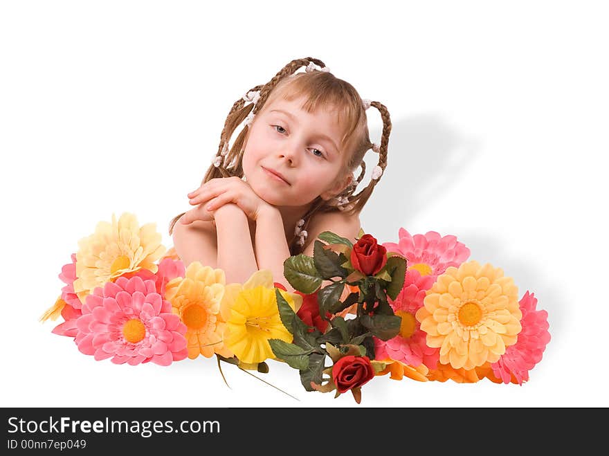 The girl and flowers on a white background