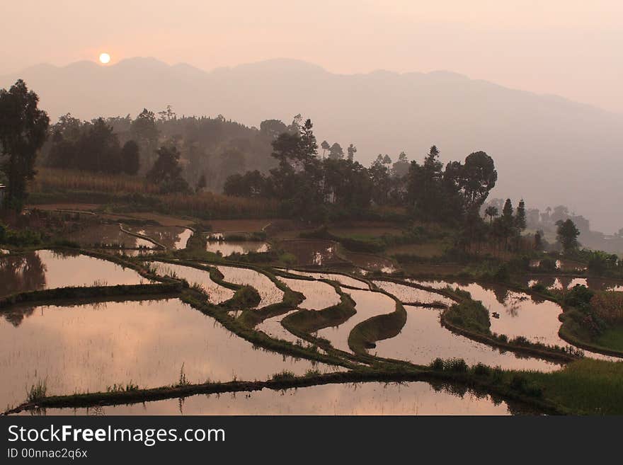 Sunset  by the terrace fields in southwest China. Sunset  by the terrace fields in southwest China