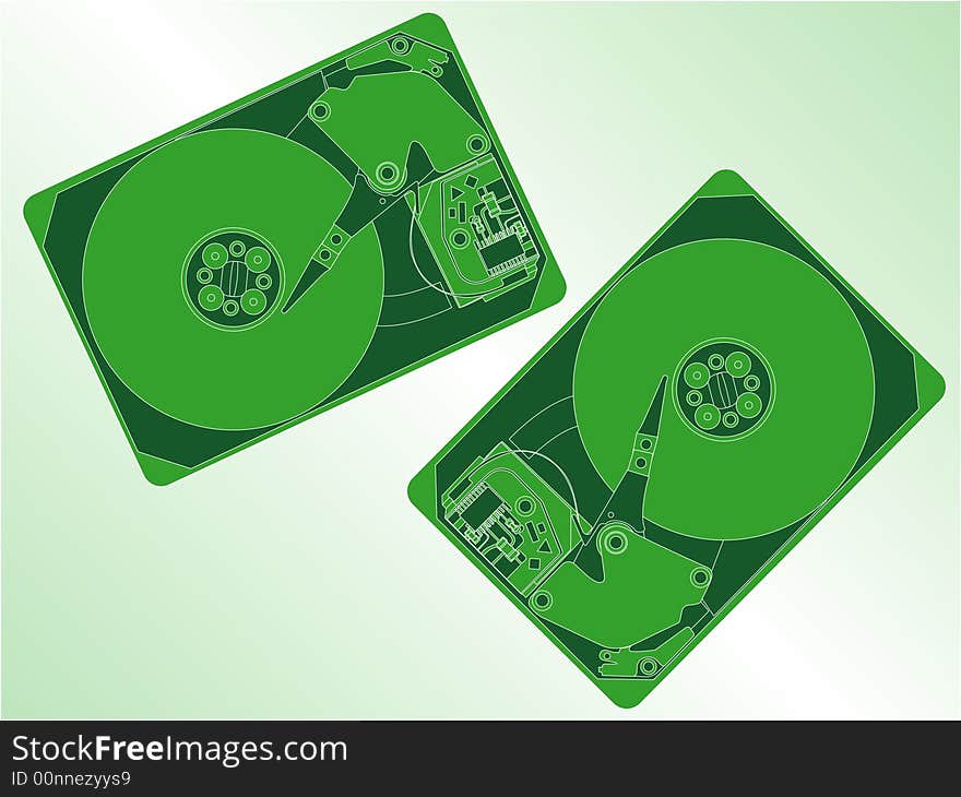 Inside hard disk on green. Inside hard disk on green