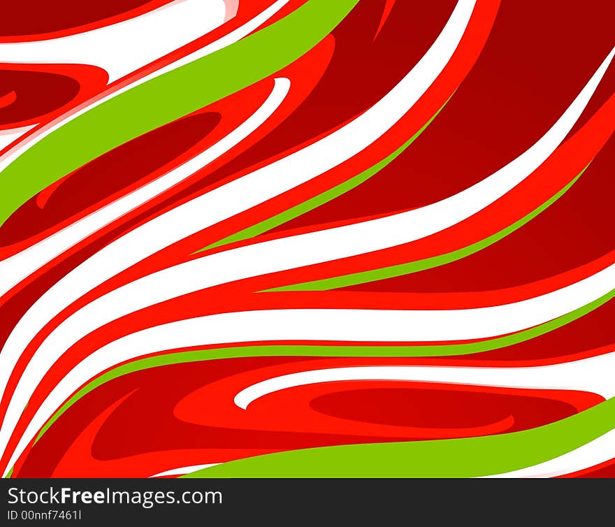 A background illustration featuring a wave of psychedelic Christmas colored stripes in red, green and white. A background illustration featuring a wave of psychedelic Christmas colored stripes in red, green and white.