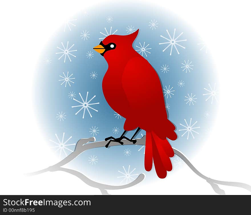 Red Cardinal Sitting On Branch In Winter