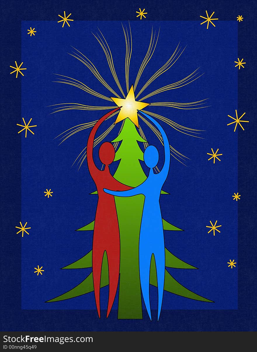 A clip art illustration featuring a non-gender specific couple decorating a Christmas tree. Ideal to represent any kind of relationship whether it be just friends or a homosexual couple. A clip art illustration featuring a non-gender specific couple decorating a Christmas tree. Ideal to represent any kind of relationship whether it be just friends or a homosexual couple