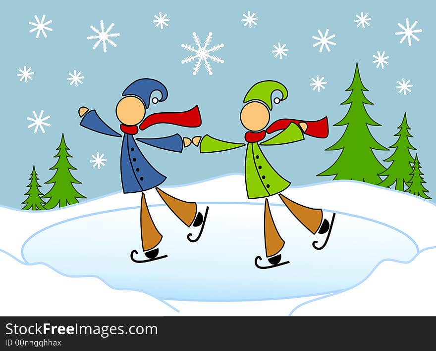 A clip art illustration featuring a pair of homosexual / gay men skating on a pond in winter. A clip art illustration featuring a pair of homosexual / gay men skating on a pond in winter.