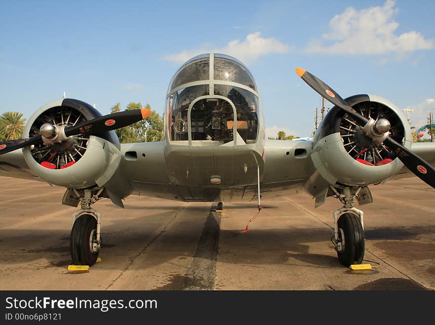 Military airplane with two propellers