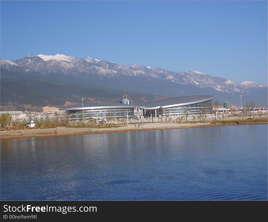 This building is beside a beautiful lake which is called Erhai Lake,and the mountain is called Cangshan Mountain .both famous in china. This building is beside a beautiful lake which is called Erhai Lake,and the mountain is called Cangshan Mountain .both famous in china