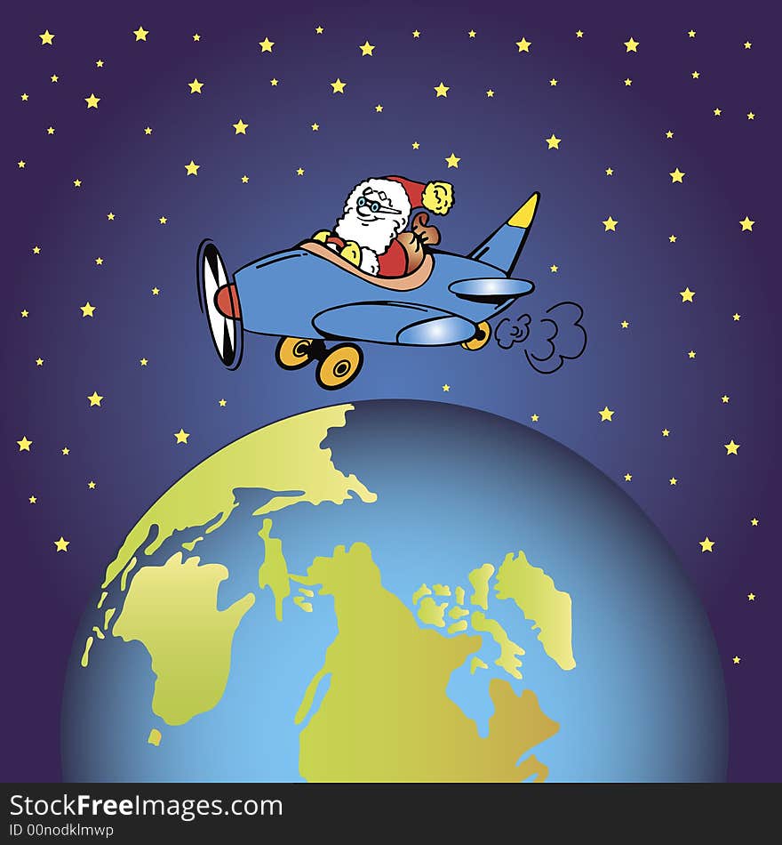 Santa claus flying in space passing the earth. Santa claus flying in space passing the earth