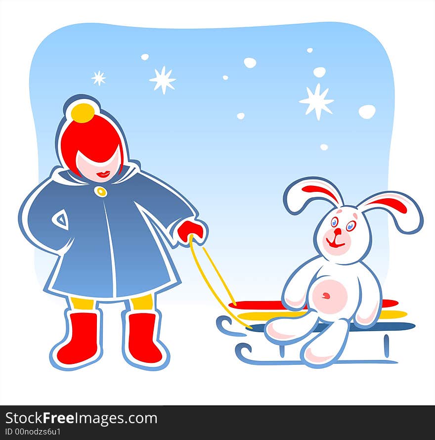 The child carries on sledge the toy rabbit. Digital illustration. The child carries on sledge the toy rabbit. Digital illustration.