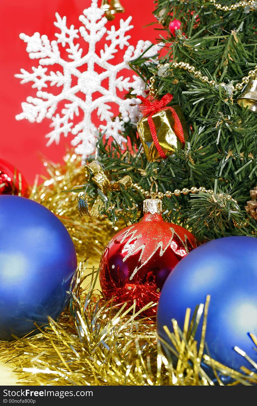 New year's decoration under artificial fir tree. New year's decoration under artificial fir tree