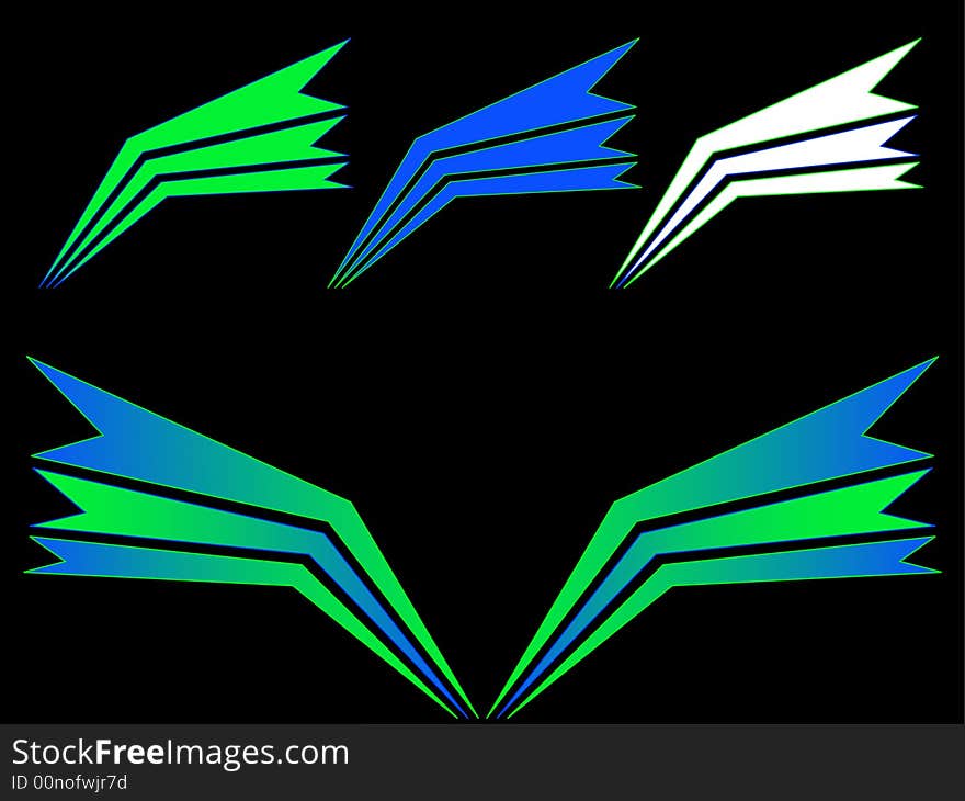 Green, blue, white wings on black. Green, blue, white wings on black