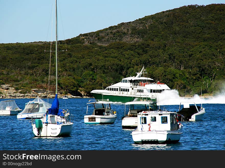 A view of harbor heads with hydrofoil departing. A view of harbor heads with hydrofoil departing.