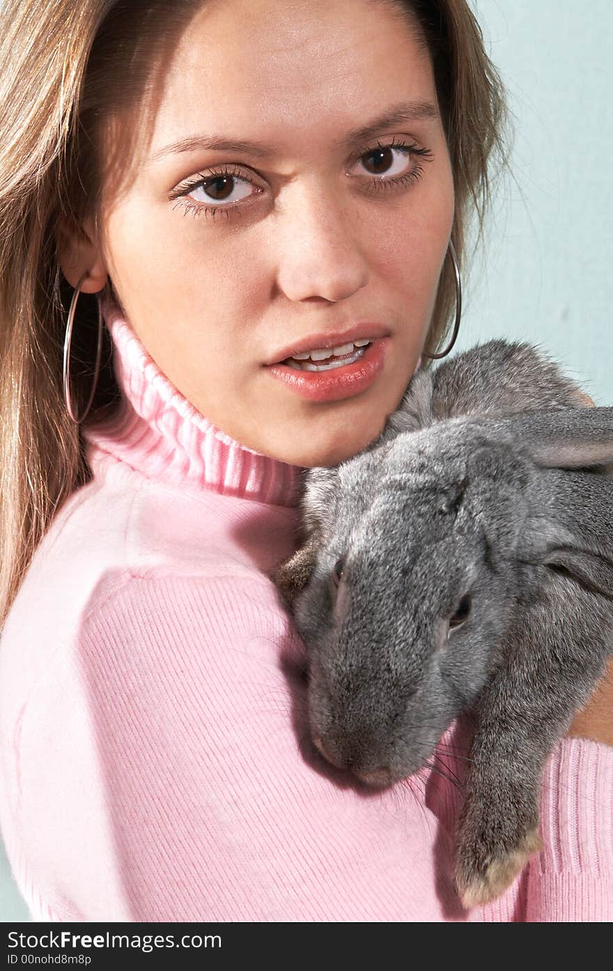 Portrait of attractive girl with rabbiton grey