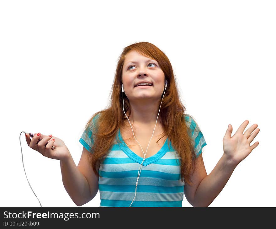 Young woman with mp3 player, isolated on white background