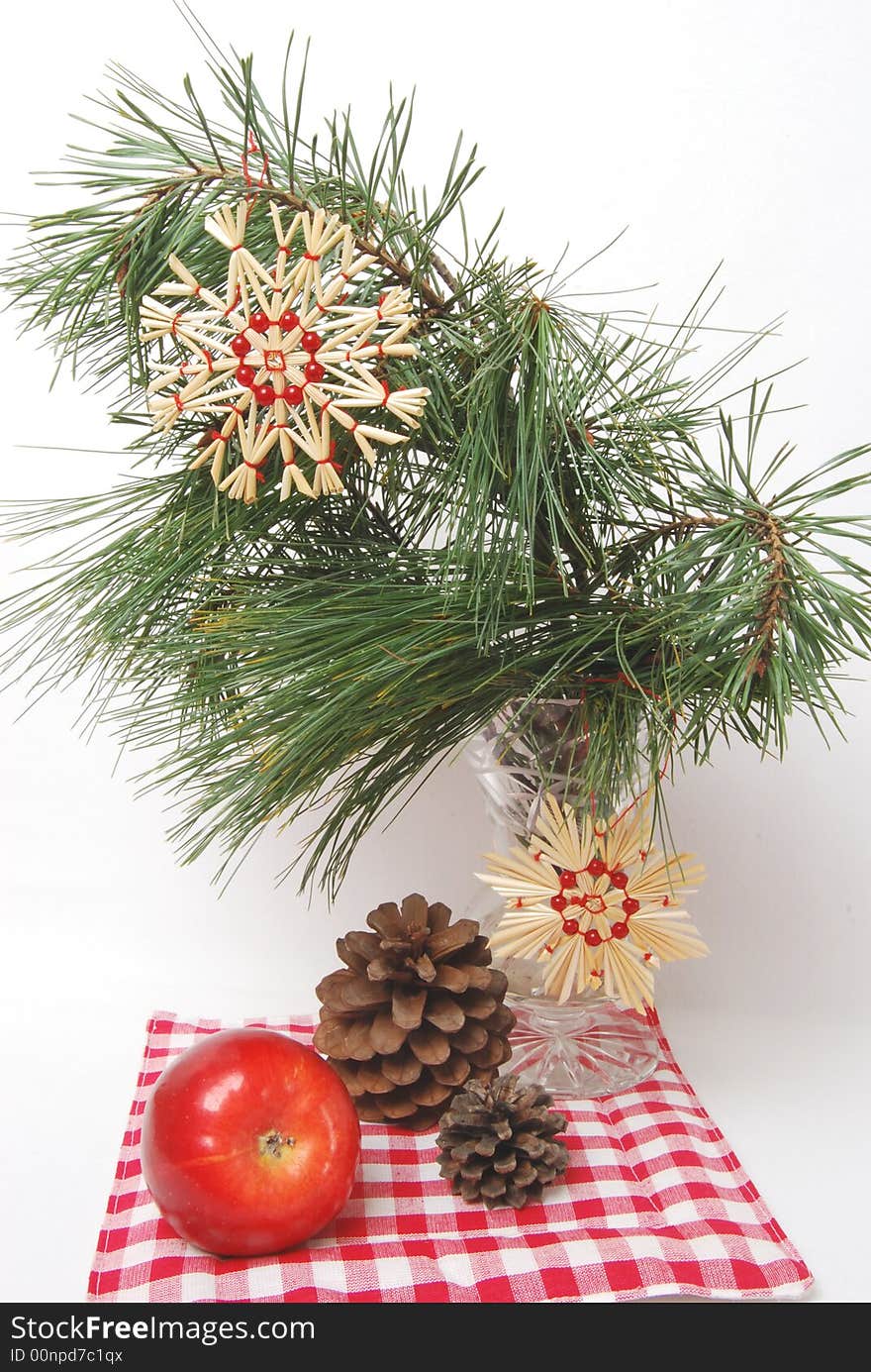 Christmas decorations on pine twig