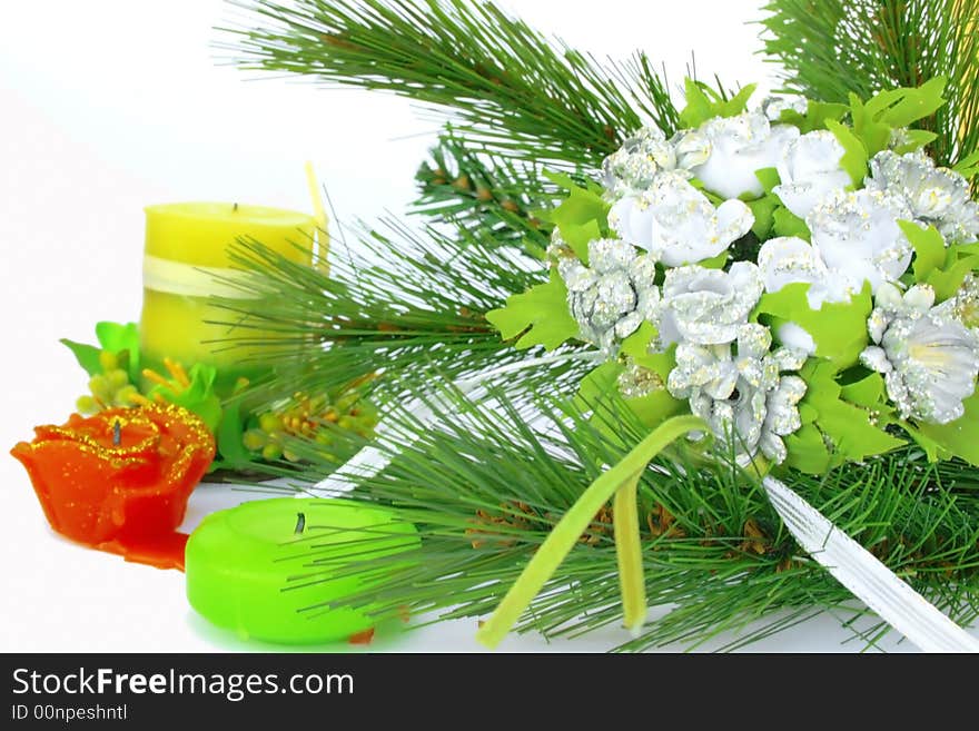 Christmas ornaments.Fir-tree,candles,flowers.